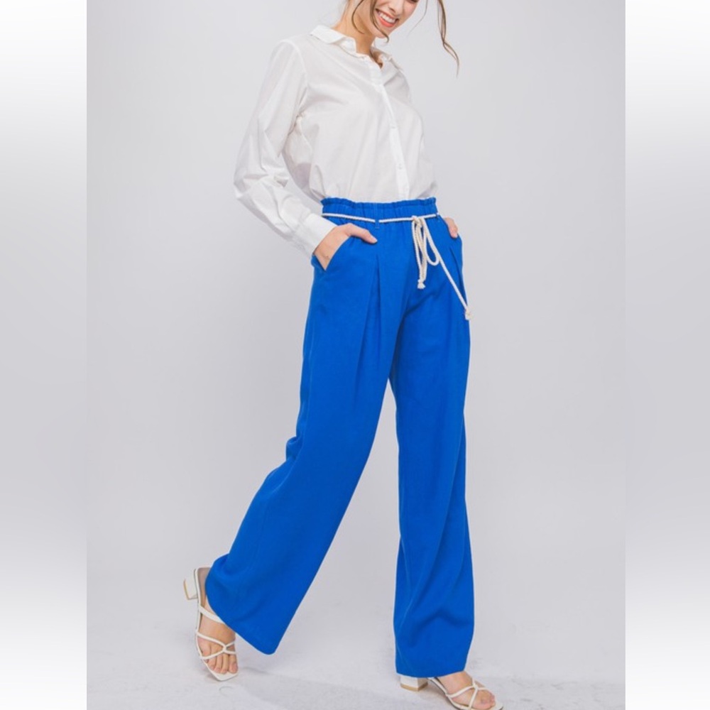 Linen Blend Chic Wide Leg Front Pleat Side pockets